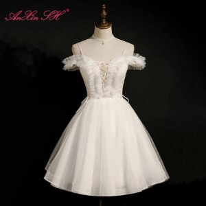 AnXin SH princess white lace spaghetti strap ruffles crystal bow lace up short customized evening dress little white dress