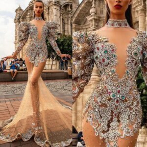 Luxury Crystal Evening Dress Beadings Halter Puff Sleeve Floor Length Mermaid Gown Sequin Custom Made Plus Size Party Dresses