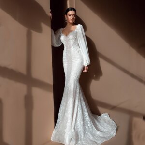 Customized Sexy Lace White Mermaid Wedding Dresses Sweetheart Detachable Puffy Sleeves Sweep Train Elegant Wedding G