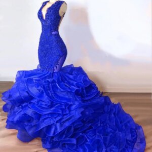Gorgeous Prom Dress 2025 Royal Blue Mermaid Long Organza Lace Appliques Ruffles Evening Party Gowns Vestidos de Festa