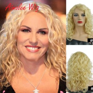 Aimolee Medium Length Wavy Blonde Gold Highlight Wigs Mixed Human Hair Blend Synthetic Wig for Women Daily Work Party Hair