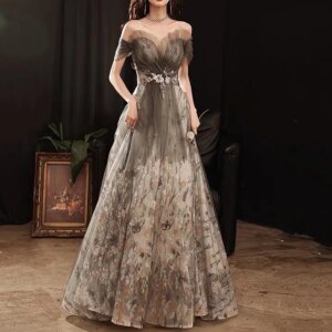 Gray Prom Dresses Strapless Floral Print Lace Appliques Off Shoulder Beaded Backless Elegant Party Host Homecoming Evening Gowns