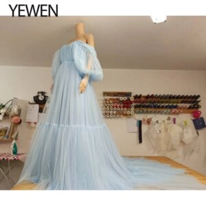 Short Puffy Sleeves Off Shoulder Maxi Maternity Photoshoot Dress Tulle Gown for Photo Shoot Handmade Photography Gown YEWEN
