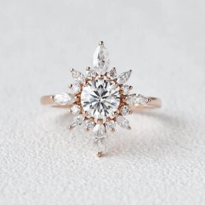 CxsJeremy 0.8 Carat Round Cut 6mm Unique Moissanite Engagement Ring Solid 14K Au585 Rose Gold Flower Marquise Halo Wedding Band