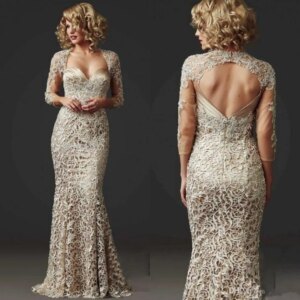 Plus Size Mother Of The Bride Dresses Mermaid Long Sleeves Lace Beaded Groom Long Mother Dresses For Wedding Customized