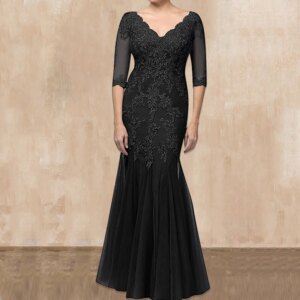 Customized Elegant Mermaid Mother Of The Bride Dress For Woman Wedding Gust Party Half Sleeves V Neck With Applique Plus Size Ve