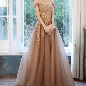 Luxury Bridesmaid Dress Off Shoulder Champagne Sequins Tulle Wedding Ceremony Banquet Dubai Arabic Party Prom Celebrity Gown New