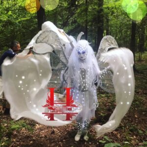 paradise monster wear Halloween bar nightclub gogo white glowing wings performance costume