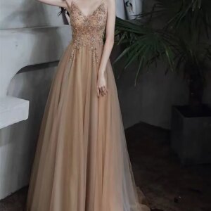 Champagne Evening Dresses Sexy Deep V-Neck Long A-Line Sleeveless Beading Sequins Formal Party Prom Gowns Robes De Soirée 2024