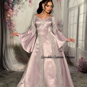 Customized فساتين سهرة A-Line Square Neckline Floor-Length Luxury Evening Dresses Beadings Zipper Up Long Sleeves Dresses