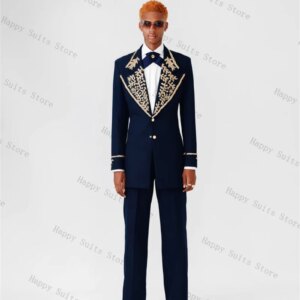 Navy Blue Men Suit Set 2 Pcs Crystals Blazer Pant Trousers Formal Office Jacket Groom Prom Wedding Tuxedos Customized Coat