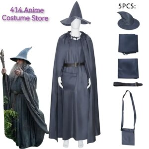 Anime Gandalf Wizard Cosplay Costume Hobbit Long Gray Cloak Jumpsuit with Hat Belt Halloween Fancy Dress for Man