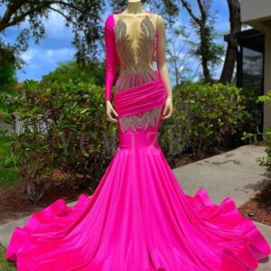 Hot Pink Rhinestone Prom Dresses Mermaid 2025 Luxury Black Girl Beaded Long Sleeve Backless Formal Evening Gown for Graduation