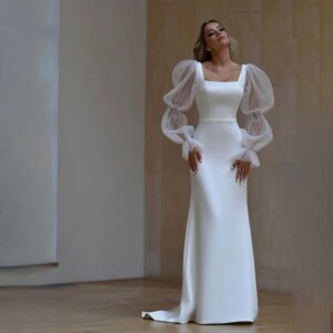 Elegant Square Collar Satin Solid Wedding Dress for Womenwith Long Sleeve Mermaid Court Belt Wedding Gown vestidos de novia