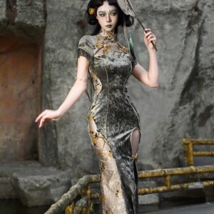Blood Giving Spring Dragon Festival Chinese Style Plate Buckle Slim Fit Snake Patterned Fish Tail Long Slit Cheongsam Dress