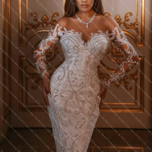 Luxury Mermaid Evening Dress With Detachable Lace Appliqued Beaded Arabic Trumpet Gown Long Sleeves Bohemian Robe De Soirée