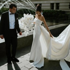 White Shtrapless Wedding Dress For Women Detachable Sweep Train A-Line Mermaid Plain Pure Satin Floor-Length Vestido Bridal Gown