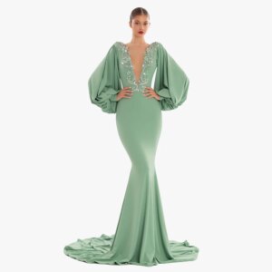 Mint Evening Dress Mermaid Puffy Sleeves Deep V Neck Sexy Evening Gowns for Women Backless Trumpet Formal Party Dresses Long