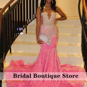 Sparkly Pink Long Prom Dress 2024 For Black Girls Beads Rhinestones Sequins Gown Evening Gowns Birthday Party Robe Customized