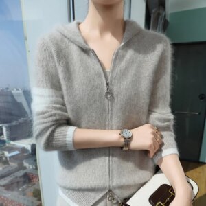 Mink Cashmere Hooded Cardigan for Women, Thick Warm Sweater, Loose Coat, Color Matching, Zipper Knit Hoodie, Autumn and Winter