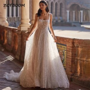 Customized Elegant Spaghetti Strap Square Neck Saquins Backless Wedding Dresses For Women 2025 Court Train Vestidos De Noiva