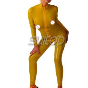 hand made latex rubber yellow jumpsuit catsuit for woman front zip 3 ways zippers