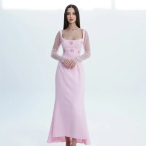 Customized Exquisite Jersey Crystal Evening Dress High Quality Appliques Square Collar Long Sleeves Zipper Back Vestido De Noche
