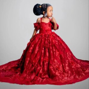 Luxury Red Lace Flower Girl Dresses 3D Floral Princess Customized Baby Girls First Birthday Party Pageant Dress For Wedding