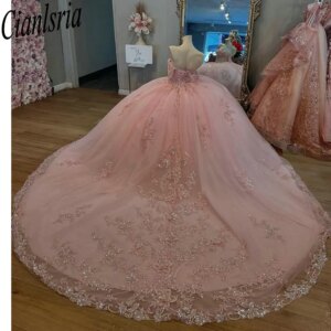 Pink Illusion Beading Crystal Quinceanera Dresses Ball Gown Floral Appliques Lace Customized Corset Vestidos De XV Anos