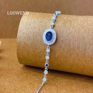 LUOWEND 100% 18K White Gold Bracelet Romantic Shiny Design Natural Diamond Natural Sapphire Bracelet for Women Birthday Gift