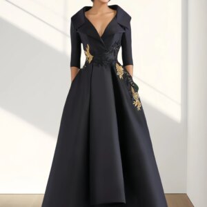 A-Line Evening Gown Vintage Elegant Dress Floor Length 3/4 Length Sleeve V Neck Satin with Beading Appliques 2024