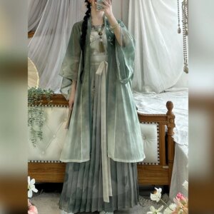 Summer New Song Style Women’s Han Chinese Clothing Long Gan Temple Waist Pleated Skirt Daily Spring and