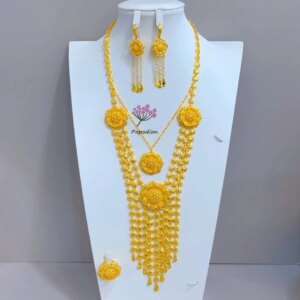 Dubai New 24K Gold Plated Necklace, Earrings, Rings as Gifts for Women’s Friends, Wedding Party Jewelry Set DD10616