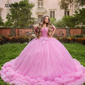 Customized Pink Ball Gown Quinceanera Dresses 2025 Sparkly Pleats Sweetheart Sweet 16 Dress Ruffles Vestido De 15 Anos Pageant