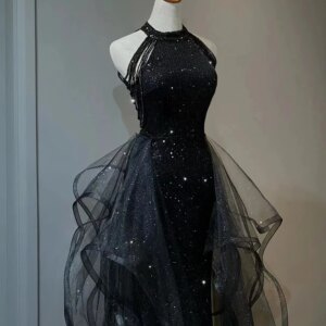 New Luxury Black Evening Dress Sleeveless Skirt Black Sequin Dress Sparkly Tulle Skirt High Waist Halter-neck Skirt