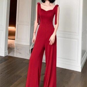New red party personality temperament high-waisted halter one-piece straight floor-length pants