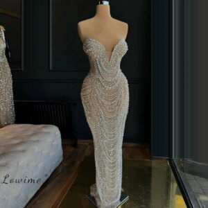 Customize Beading Tassel Evening Dresses Deep V De Soiree Arabic Pearls Party Dress For Women