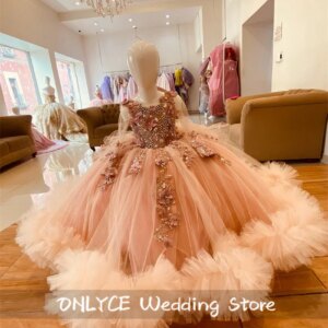 Sparkly Pink Tulle Flower Girl Dress For Wedding Floral Appliques Ruffles Diamonds Birthday Party Gown Customized