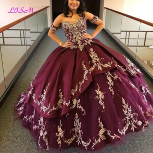 Sweetheart Ball Gown Quinceanera Dresses with Gold Appliqued Tiered Skirt Beaded Sweet Prom Party Dress vestidos de 15 anos