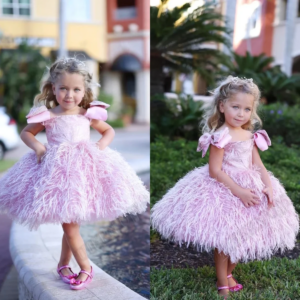 Luxuxy Flower Girl Dresses Kids Girls Pink Or Red With Feathers For Birthday Elegant First Communion Dress