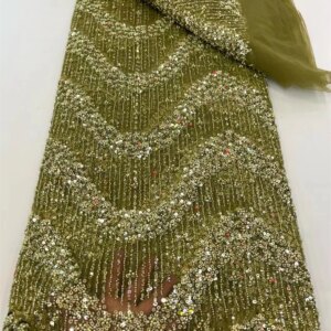 African Sequined Beaded Lace Fabric 2025 High Quality Nigerian Green Lace Fabric 5Yards Handmade Fabrics For Woman Party W570-1