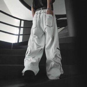 High Street Cargo Jeans Men’s Ripped Trousers Punk Washed Vintage Mopping Hip Hop Wide Leg