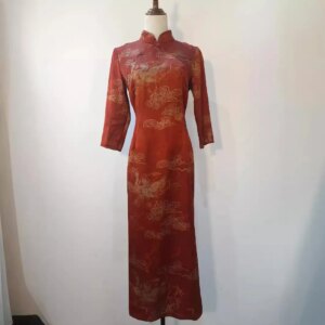 High Quality Autumn 2024 Xiangyun Yarn Three-Quarter Sleeve Red Cheongsam Women’s Chinese Style Long Slit Dress Toast