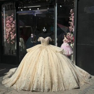 Champagne Off The Shoulder Ruffles Bow Quinceanera Dresses Ball Gown Sequined Appliques Lace Sweet 15 Años Mexican Customized