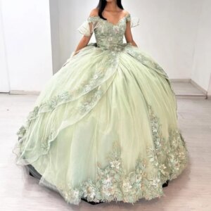 Customized Shiny Mint Green Off Shoulder Quinceanera Dress applique Lace crystal flower Bow vestidos de 15 Quinceanera