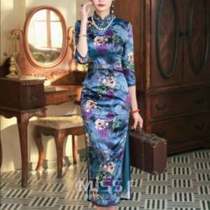Chinese Dress Silk Green Customized Qipao Evening Dresses Printed Cheongsam Dress Traditional Retro Medium LongSleeve Cheongsams