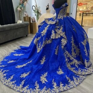 High Quality Mexican Women Birthday Party Prom Dress Cap Sleeve Gold Applique Puffy Vestido De xv Anos Quinceanera 15 Customized