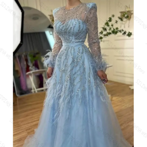 Sky Blue O Neck A-Line Evening Dresses For Women Sequins Feather Gown Long Sleeves Customized Party Prom Dress