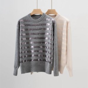 2024 Women’s Cashmere Knitted Sweater Striped Sequined Long-Sleeved Pullover Autumn B*C