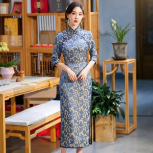 High-End Cheongsam Qipao Retro Cropped Sleeves Quality Real Silk Cheongsam Qipao Dress Chinese Dress